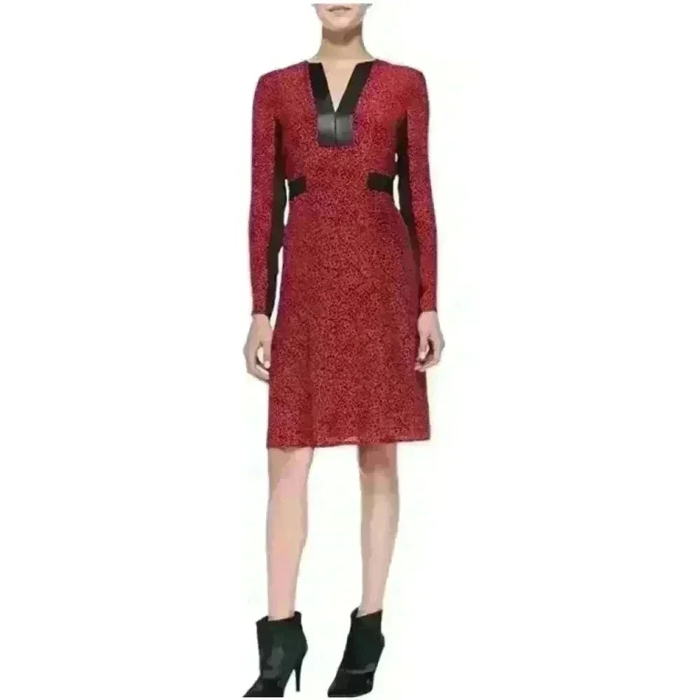 Nanette Lepore Womens Size 0 Pink Black Leopard Print Silk Leather Trim Dress - Picture 2 of 10